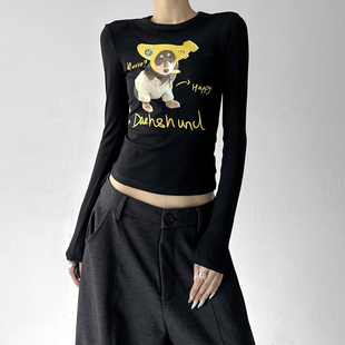 显瘦保暖打底衫 尚百搭修身 上衣女 新款 小狗印花拼接T恤2025秋冬季