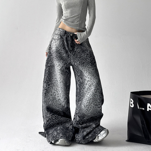 高个子女生腰加绒宽松设计感直筒裤 新款 女2025冬季 豹纹阔腿牛仔裤