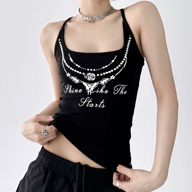 美式辣妹白色字母印花背心吊带