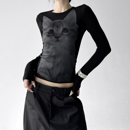 2025秋季新款美式印花长袖T恤女修身显瘦冬款正肩辣妹打底衫上衣