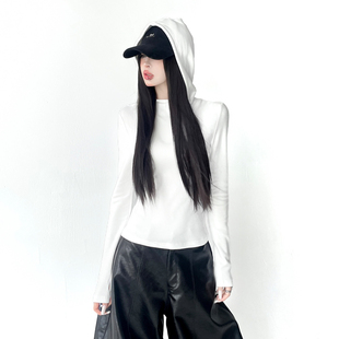 百搭显瘦打底衫 白色辣妹连帽长袖 女士修身 新款 上衣 T恤女2025冬装