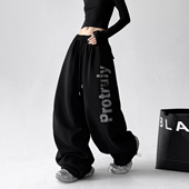 复古字母印花休闲裤 女2025秋季 新款 美式 高腰显瘦直筒阔腿拖地长裤