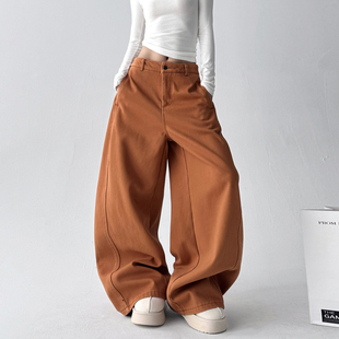 高级感宽松显瘦加绒直筒加厚裤 新款 女2025冬季 橘色高腰阔腿牛仔裤