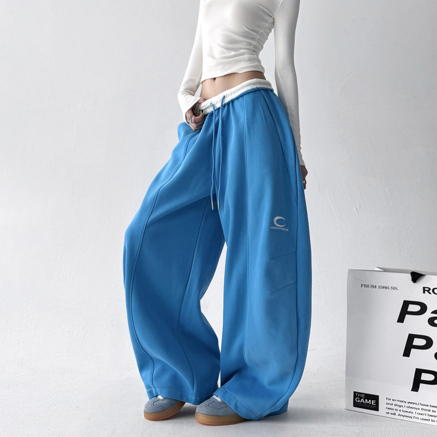 蓝色美式复古休闲裤女2025秋季新款宽松显瘦百搭直筒阔腿运动裤潮