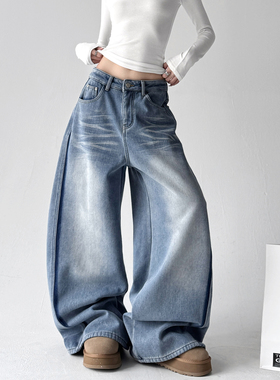 2025冬季蓝色水洗猫须牛仔裤女加绒设计感阔腿直筒百搭裤子