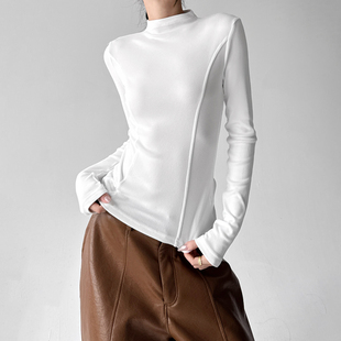 T恤高个德绒修身 白色加绒鱼骨打底衫 长袖 新款 内搭上衣 女2025冬季