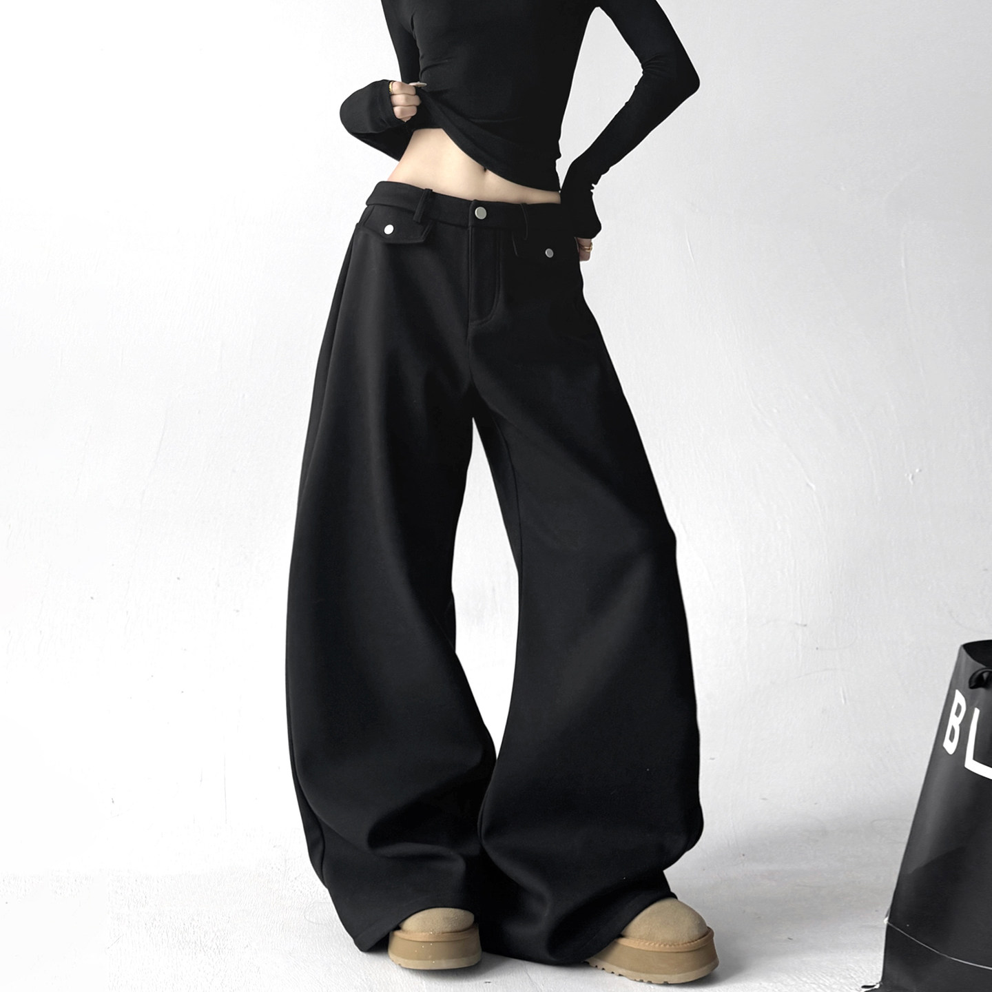 简约黑色阔腿裤女2025冬季新款高个子宽松直筒休闲裤简风垂感裤子,女装/女士精品,休闲裤,淘宝优惠券,粉丝福利购,淘宝优惠卷