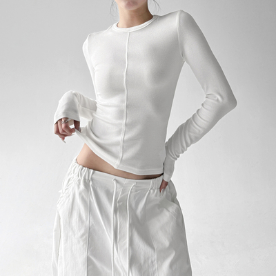 白色圆领正肩长袖T恤女2025秋季新款高级感修身打底上衣