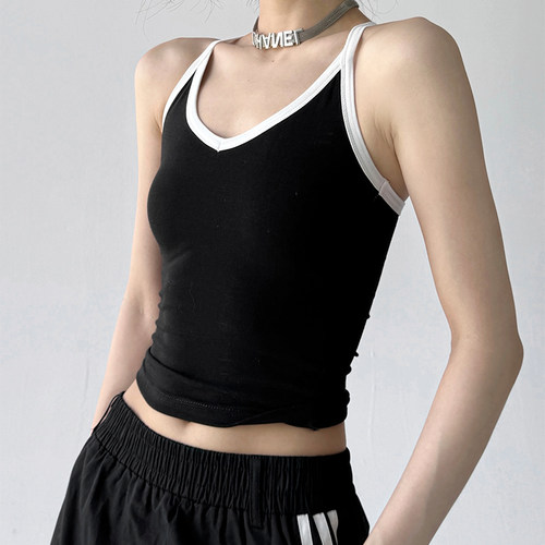 撞色V领吊带背心女2025夏季新款