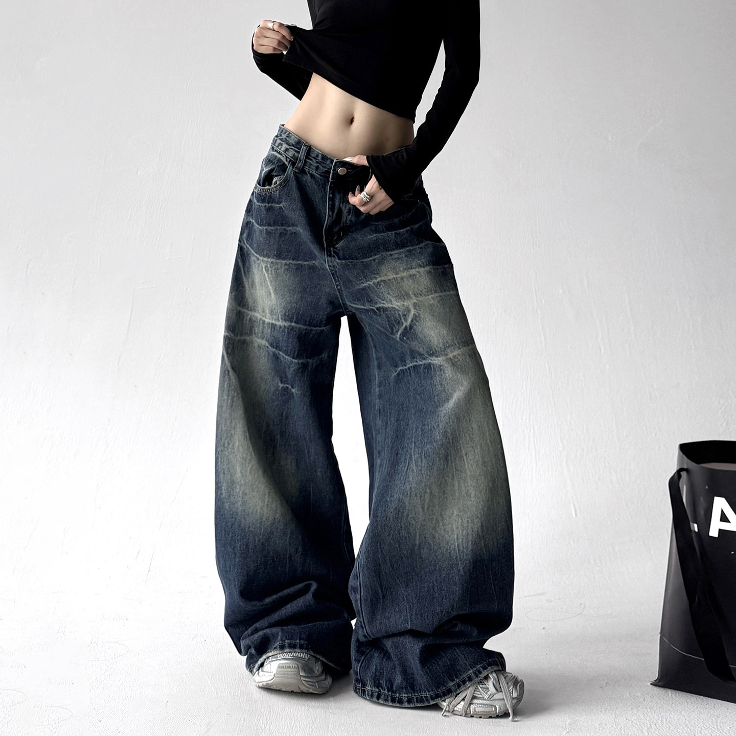 复古蓝色阔腿牛仔裤女春秋2025新款梨型身材高个子秋季高腰直筒裤,女装/女士精品,牛仔裤,淘宝优惠券,粉丝福利购,淘宝优惠卷