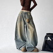 复古喷脏潮牌宽松直筒阔腿裤 新款 子潮 女2026秋冬季 水洗做旧牛仔裤