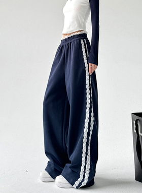 藏青色阔腿裤女秋冬款韩系宽松bf慵懒风运动休闲拖地直筒垂感长裤