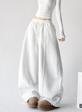 超火冬季2025新款韩版运动休闲抽绳加绒加厚阔腿宽松弯刀卫裤子