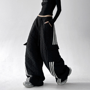 设计感菱格阔腿裤 今年流行韩版 新款 女2025秋冬季 撞色条纹夹棉裤