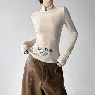 新款 t恤女2025冬装 修身 正肩甜辣妹打底衫 上衣 半高领修身 短款 长袖