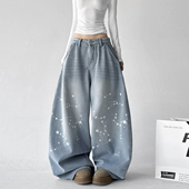 女2025新款 冬季 加绒宽松直筒低腰蓝色美式 阔腿牛仔裤 松弛感裤 子