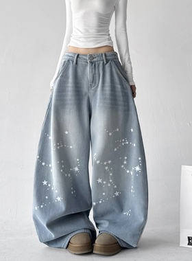 阔腿牛仔裤女2025新款冬季加绒宽松直筒低腰蓝色美式松弛感裤子