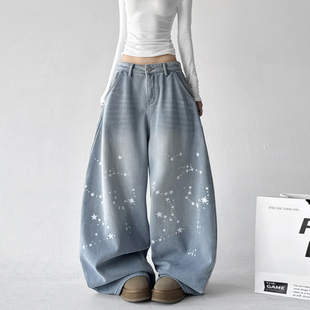 松弛感裤 阔腿牛仔裤 加绒宽松直筒低腰蓝色美式 冬季 子 女2025新款
