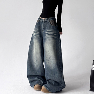 复古高腰百搭阔腿裤 泼墨牛仔裤 加绒宽松bf美式 新款 潮 女2025冬季
