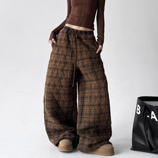 宽松显瘦阔腿保暖遛弯慵懒休闲长裤 新款 子 女2025冬季 菱格夹棉卫裤
