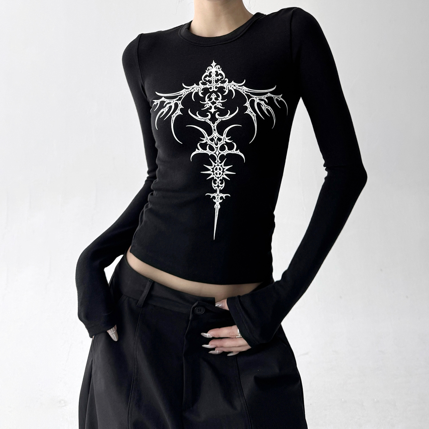 2025美式复古咖色修身长袖T恤女秋冬辣妹上衣打底衫