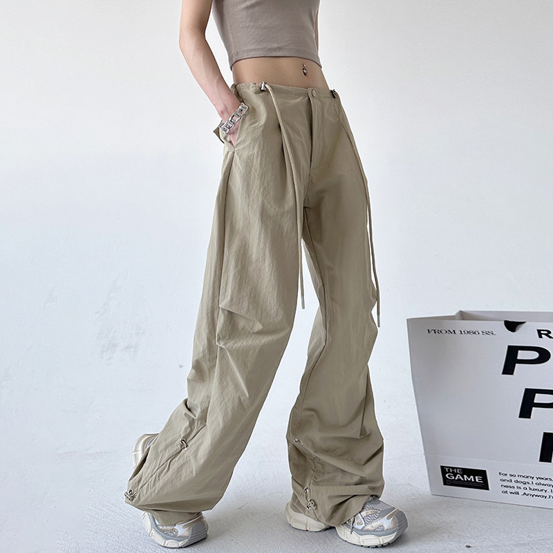 美式街头抽绳褶皱设计感低腰微喇伐工装裤女宽松降落伞休闲长裤,女装/女士精品,休闲裤,淘宝优惠券,粉丝福利购,淘宝优惠卷
