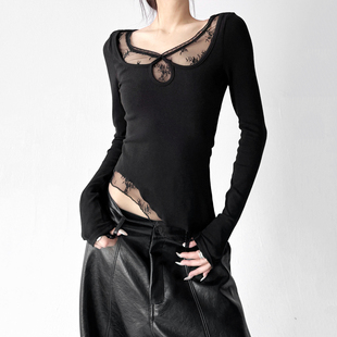 木昱子长袖打底衫女秋冬别致内搭t恤假两件蕾丝修身气质上衣