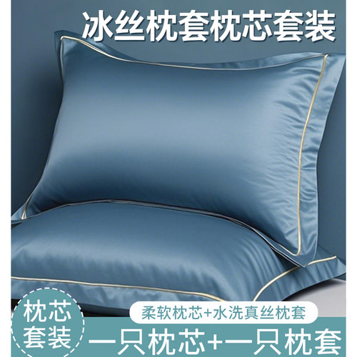 水洗真冰丝48*74CM枕头枕芯套装带枕套双人学生宿舍枕护颈椎助眠