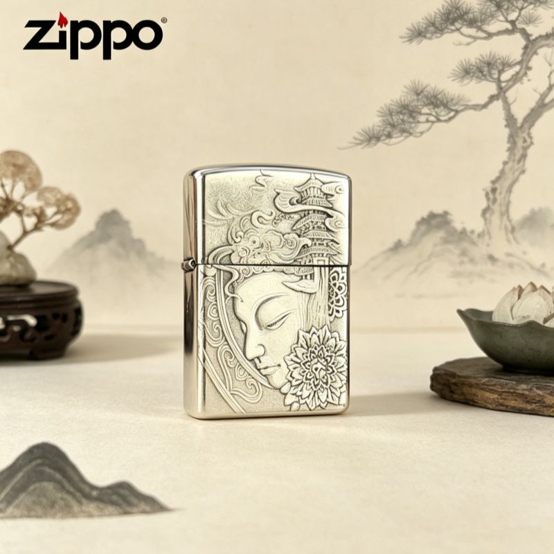 zippo正品七级浮屠白铜防风煤油打火机佛像图案浮雕中式便携送礼