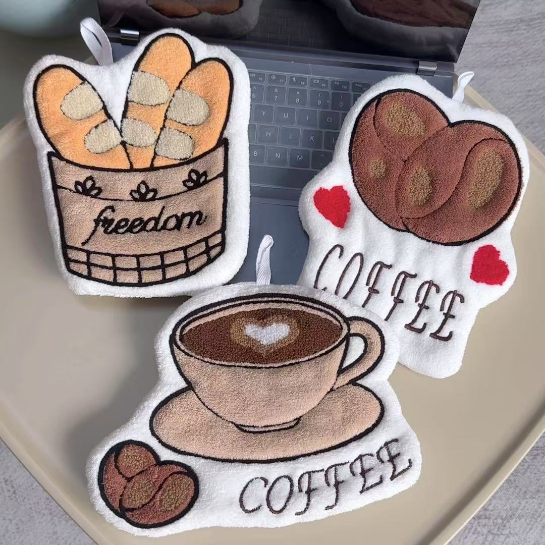 咖啡擦手巾加厚珊瑚绒挂巾厨房卫生间可挂抹布软萌可爱