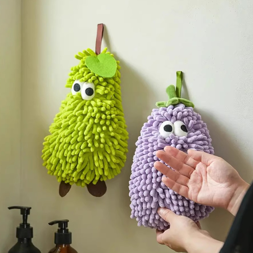 卡通雪尼尔擦手巾挂式可爱小茄紫梨子加厚速干厨房卫生间儿童毛巾