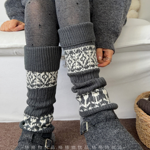 费尔岛灰色袜套堆堆袜子女秋冬季 搭配雪地靴加厚保暖复古灰色腿套