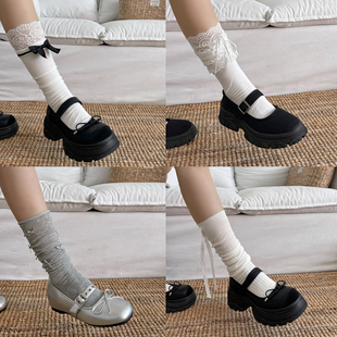 蝴蝶结小腿袜女春秋白色蕾丝袜子女中筒袜长筒玛丽珍堆堆袜女棉袜