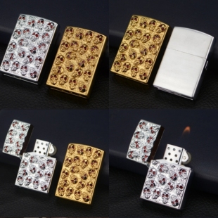 新款万恶金银骷髅头个性充气砂轮明火金属创意打火机立体3D浮雕
