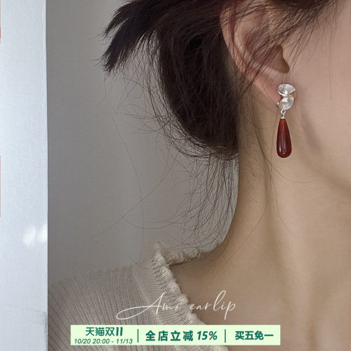 为晚天然玛瑙耳夹无耳洞女长款绿色玉髓吊坠蚊香盘新中式国风耳饰