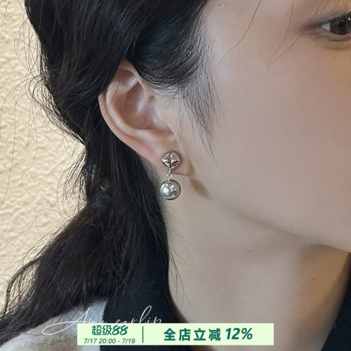 真多麻灰方块珍珠耳夹无耳洞女小众设计高级感蚊香盘耳饰2025新款