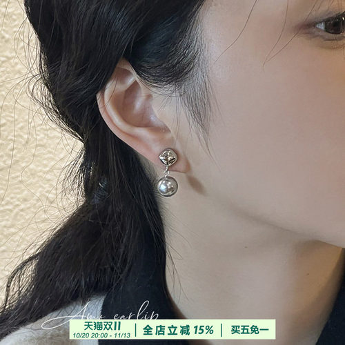 真多麻灰方块珍珠耳夹无耳洞女小众设计高级感蚊香盘耳饰2025新款