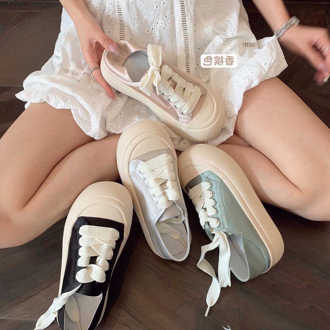系带饼干鞋女2025年新款休闲鞋韩国圆头真丝绸缎厚底大头丑萌板鞋