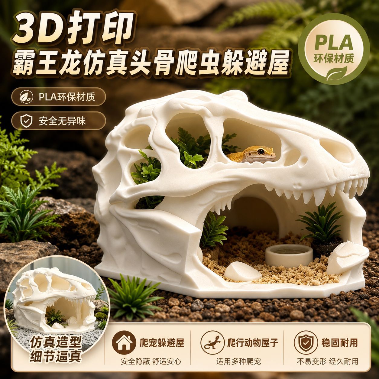 跨境新品3d打印霸王头骨爬宠躲避屋子壁虎蜥蜴爬宠鱼缸装饰洞穴
