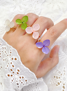 森系小清新绣球花戒指女开口可调节手工滴胶永生花真花三叶草指环