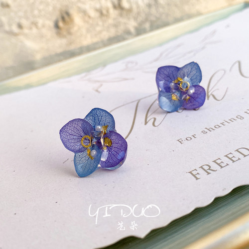 永生花蓝紫色花瓣耳钉优雅森系小清新高级感气质真花原创手工耳饰