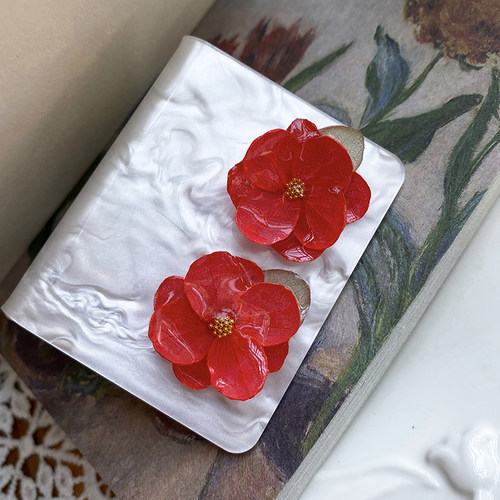 超仙气质红色立体花朵耳钉女手工滴胶绣球花真花耳饰