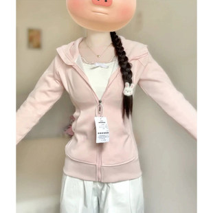 修身卫衣外套女巨好看的早秋穿搭韩系秋季女款收腰上衣粉色薄款薄