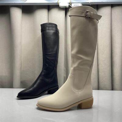断码处理英伦风秋冬款高筒骑士靴皮带扣低跟粗跟显瘦不过膝长筒靴