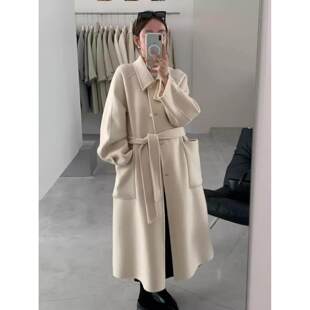轻熟简约风双面羊绒大衣女中长款立领系带收腰显瘦气质毛呢外套