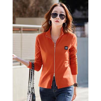 立领拉链开衫小外套女纯棉长袖体恤衫大码女修身显瘦洋气t恤上衣