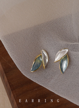 通勤百搭ins清新925银针镀14K质感小叶子耳钉女绿色耳饰耳环