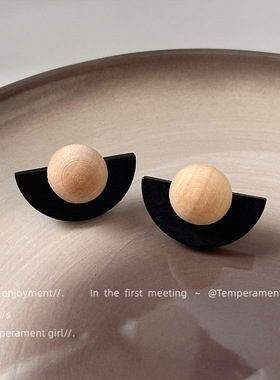 秋冬款~通勤百搭925银针木质艺术几何半圆耳钉高级感个性耳饰耳环