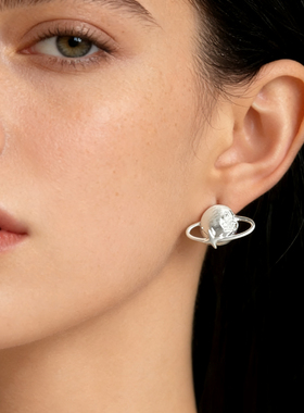 土星~原创环绕破碎星球哑银拉丝锆石耳钉 小众个性高级感银针耳饰