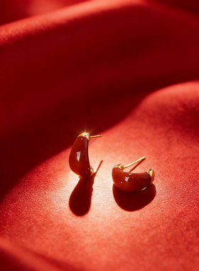 新年红色滴釉法式优雅耳环女高级简约温柔设计感耳钉耳环2026新款